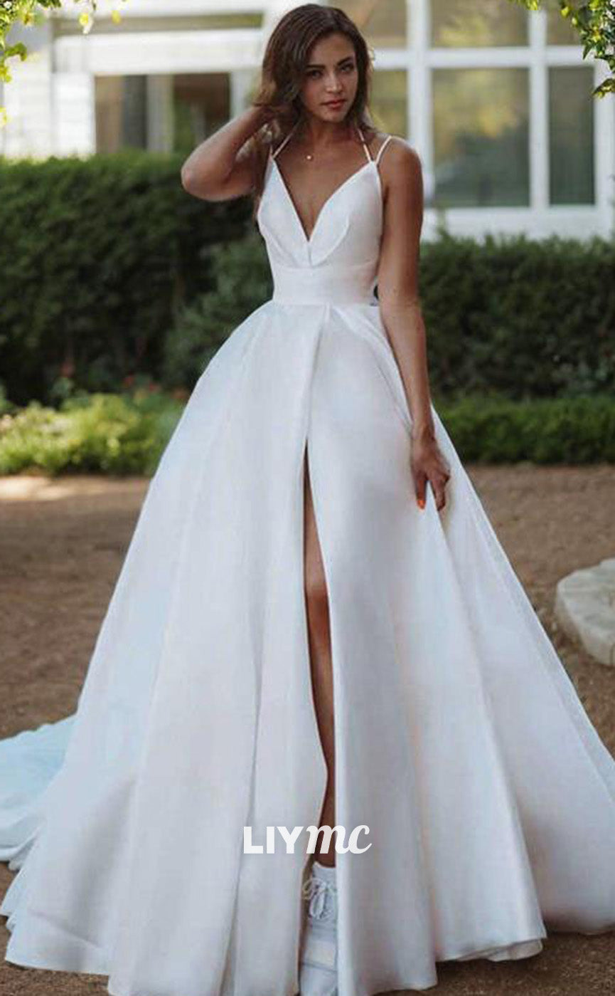 LW631 - A-Line Princess V-neck Sweep Train Satin Wedding Dresses With Liymc LW631 - A-Line Princess V-neck Sweep Train Satin Wedding Dresses With Liymc