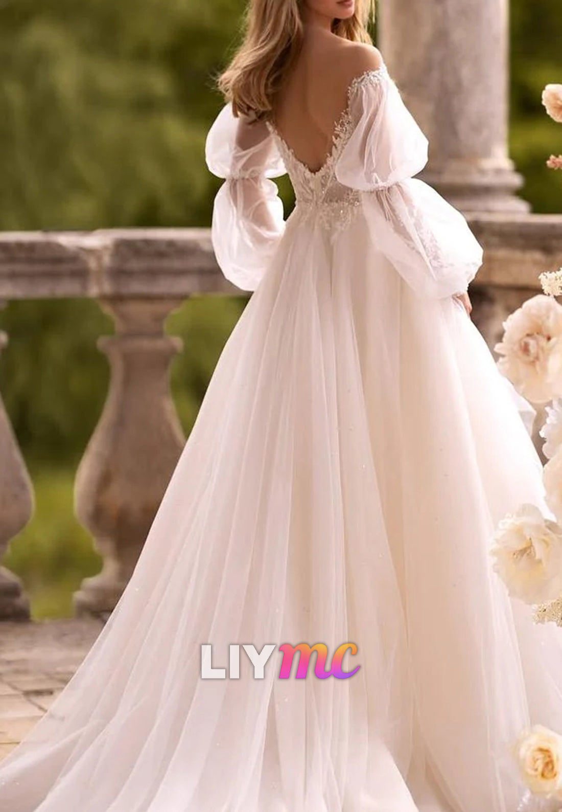 A Line Wedding Dress Long Sleeve Off the Shoulder Bridal Gown With Lace Applique