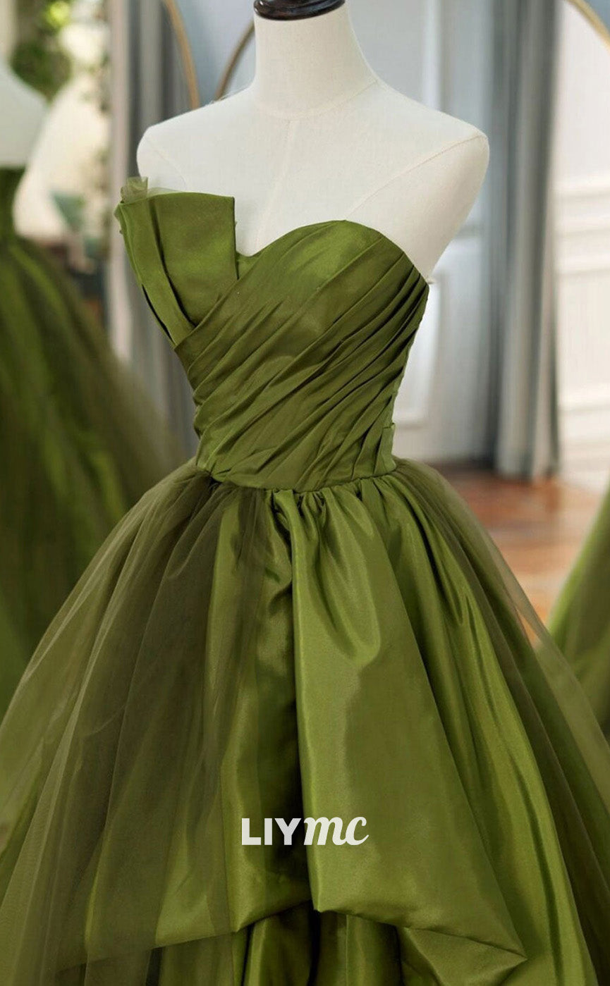 LP1892 - Asymmetrical Strapless A-Line Sleek Satin Ruched Pleated Burgundy Prom Dress