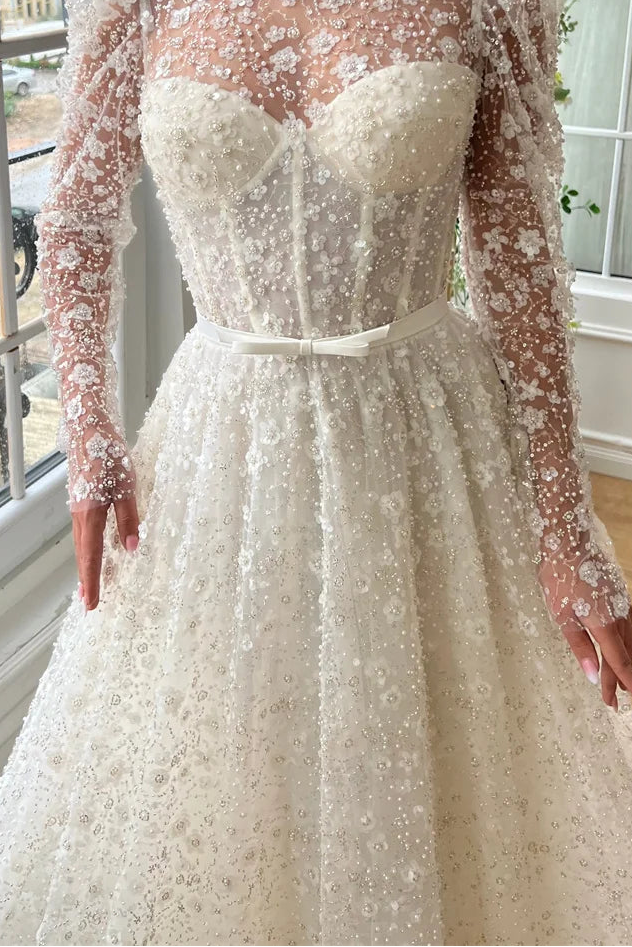 High Neck Appliques Beaded Embroidery A-Line Wedding Dress