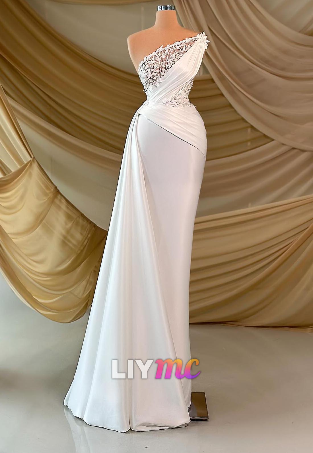 Asymmetrical Appliques Pleated Mermaid Wedding Dress