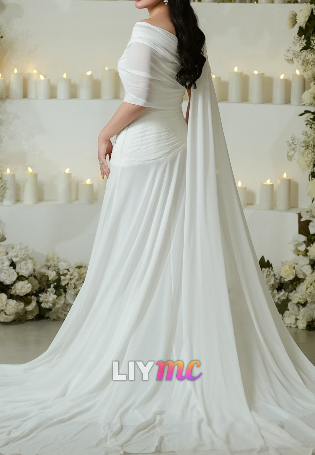 Asymmetrical Cap Sleeves Appliques Pleated A-Line Wedding Dress