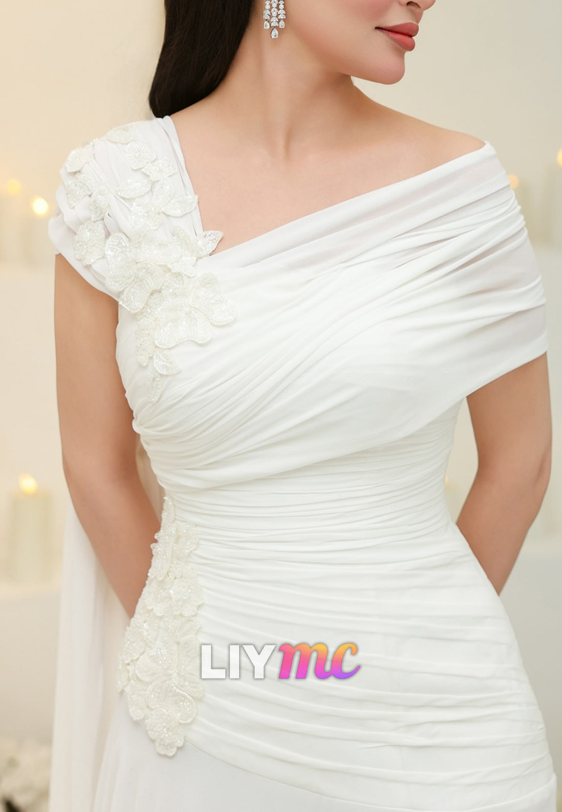 Asymmetrical Cap Sleeves Appliques Pleated A-Line Wedding Dress