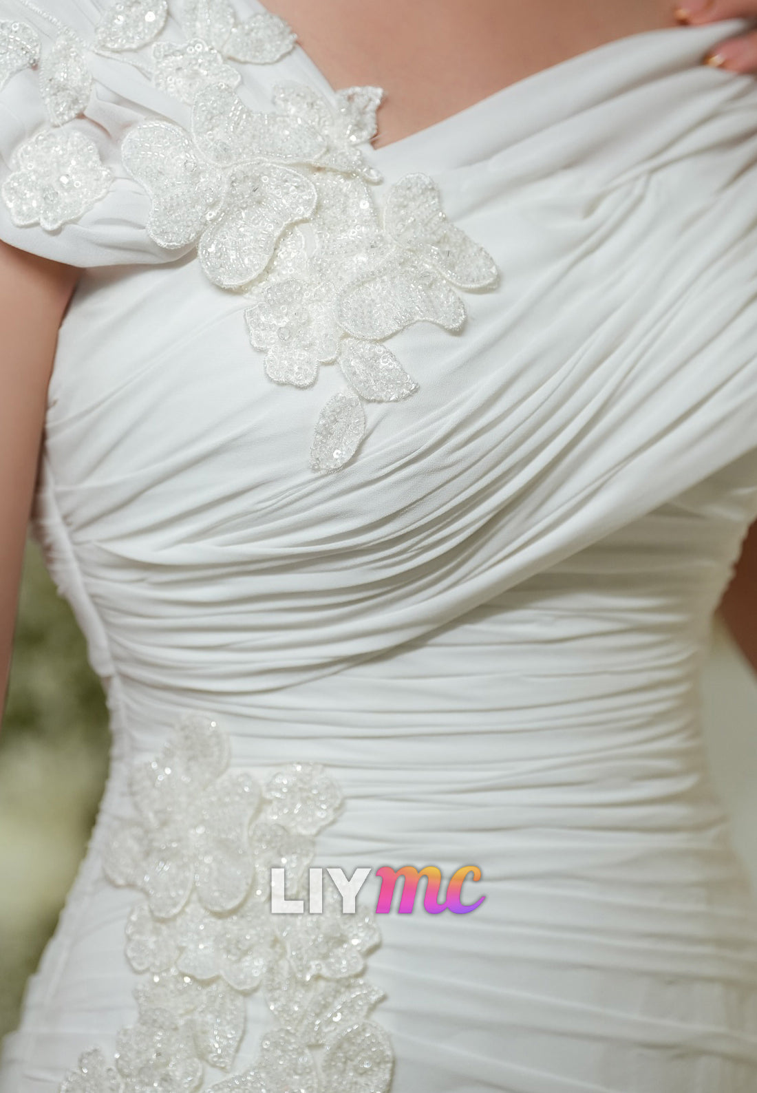 Asymmetrical Cap Sleeves Appliques Pleated A-Line Wedding Dress