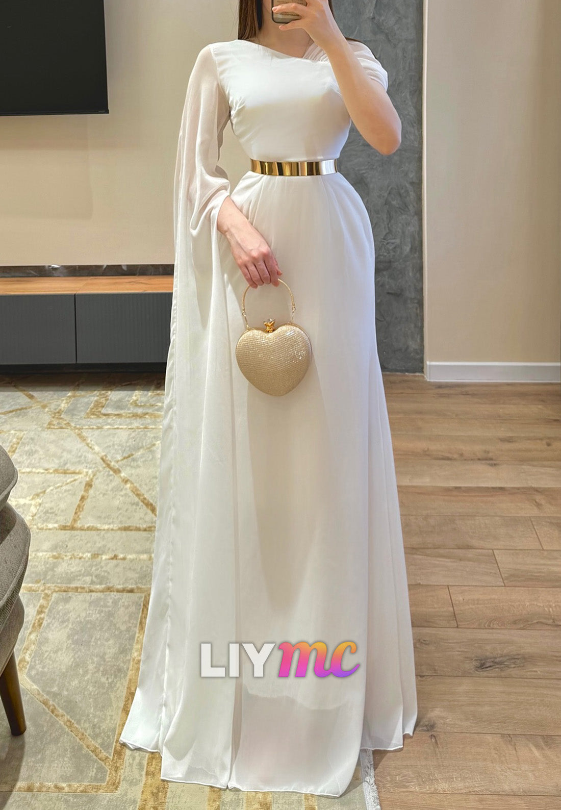Asymmetrical Cap Sleeves Chiffon A-Line Formal Dress