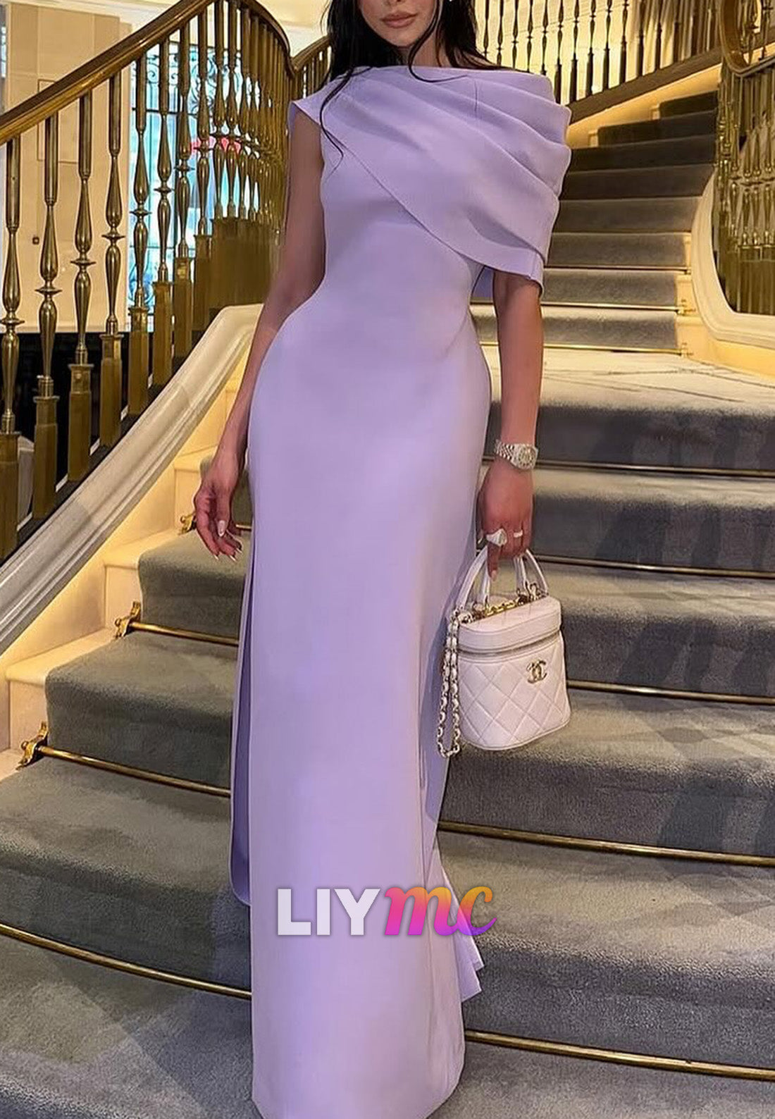 Asymmetrical Cap Sleeves Sheath Evening Dress