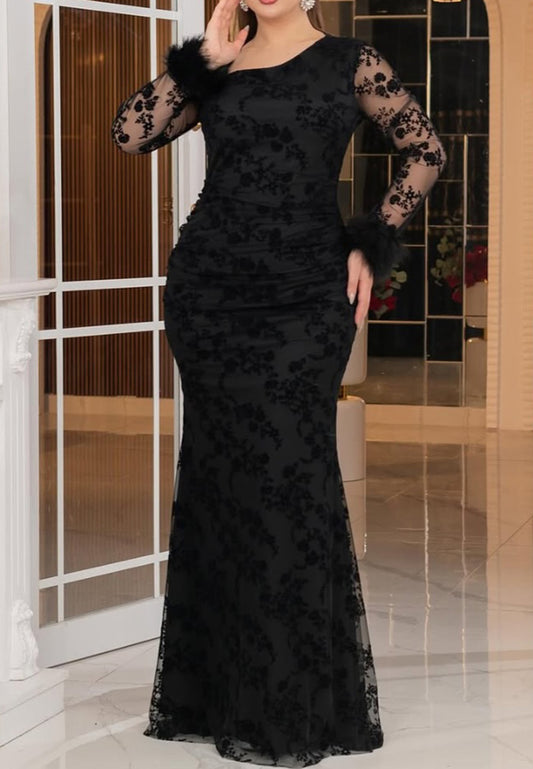 Asymmetrical Long Sleeeves Floral Appliques Mermaid Mother of Bride Dress