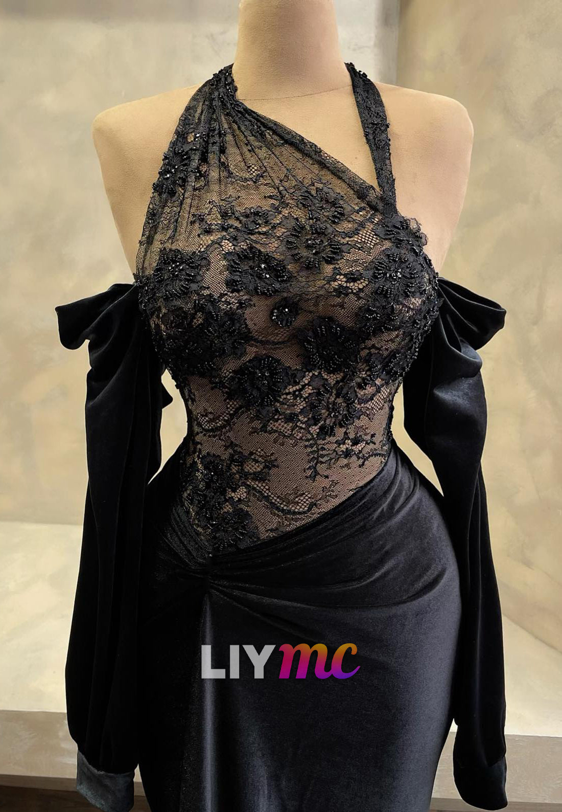 Asymmetrical Long Sleeves Appliques Ruched Mermaid Prom Dress