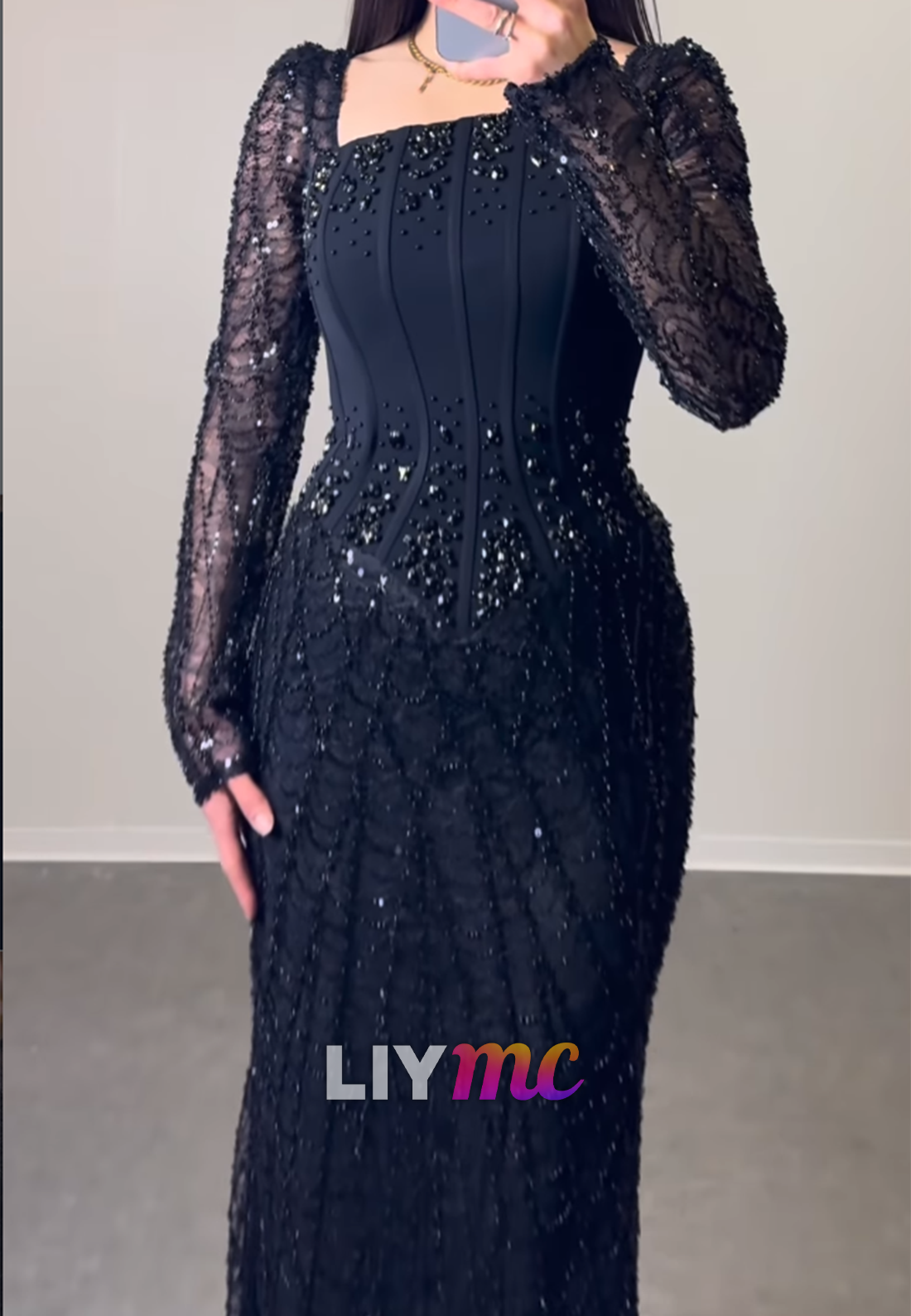 Asymmetrical Long Sleeves Beaded Embroidery Mermaid Evening Dress