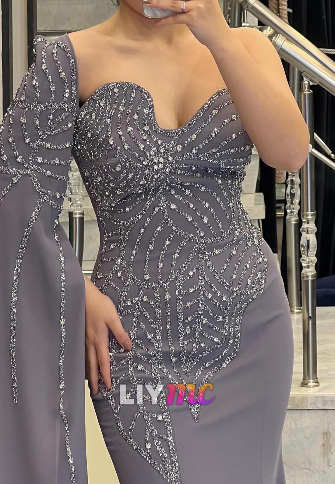 Asymmetrical Long Sleeves Beaded Mermaid Evening Dress