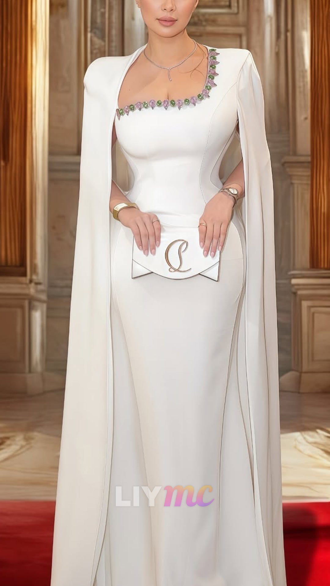 Asymmetrical Long Sleeves Beaded Mermaid Evening Dress