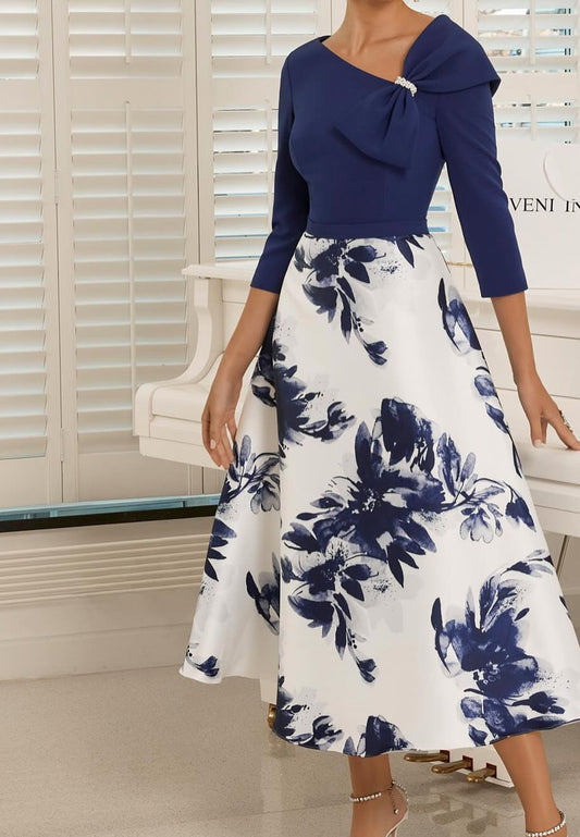 Asymmetrical Long Sleeves Floral Printed A-Line Mother of Bride Dress