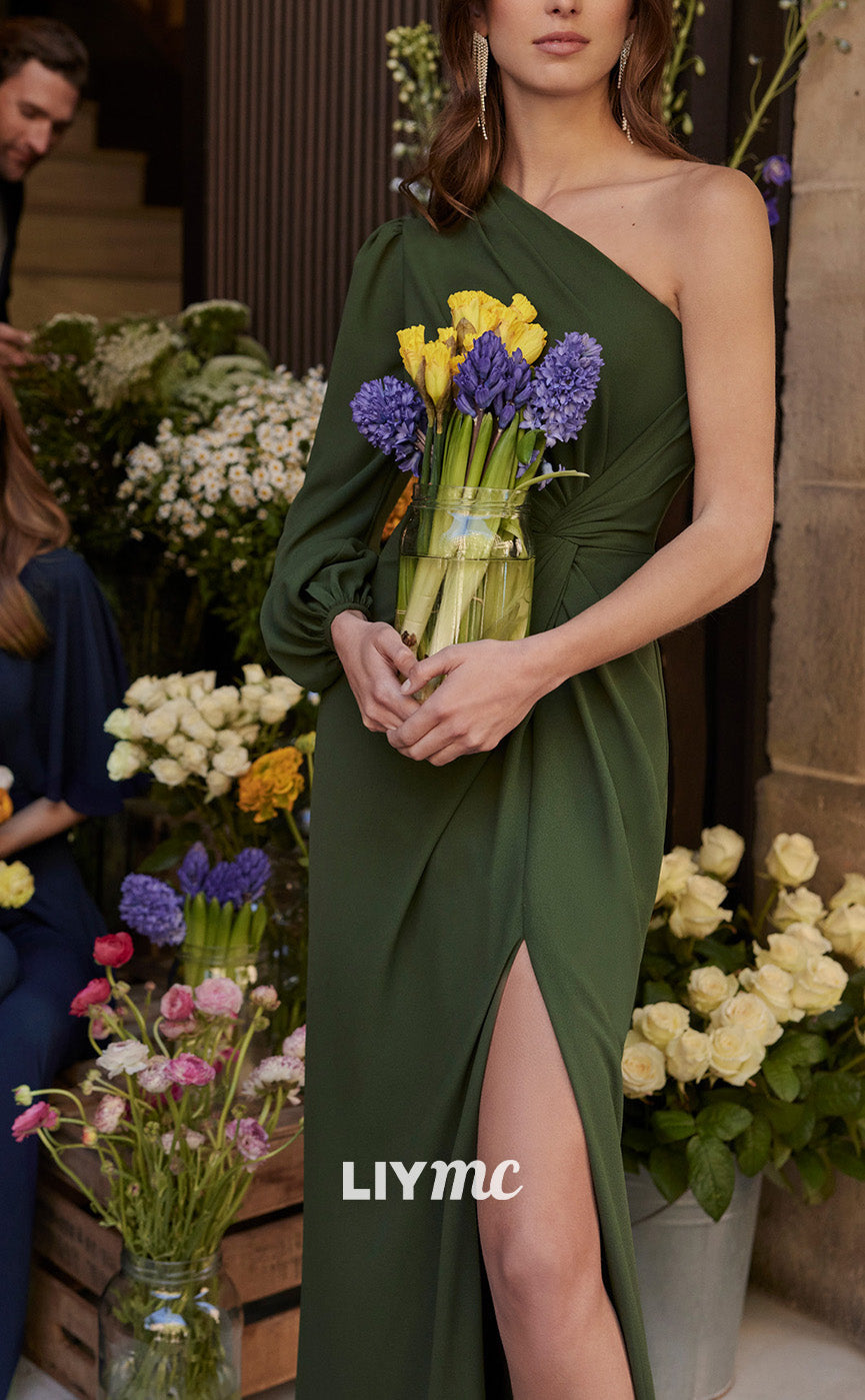 M1310 - Asymmetrical Long Sleeves High Slit Sleek Satin Mother od Bride Dress Cocktail Dress