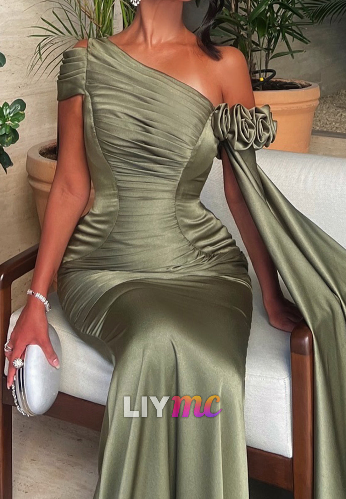 Asymmetrical Long Sleeves Pleated Floral Satin Mermaid Evening Dress
