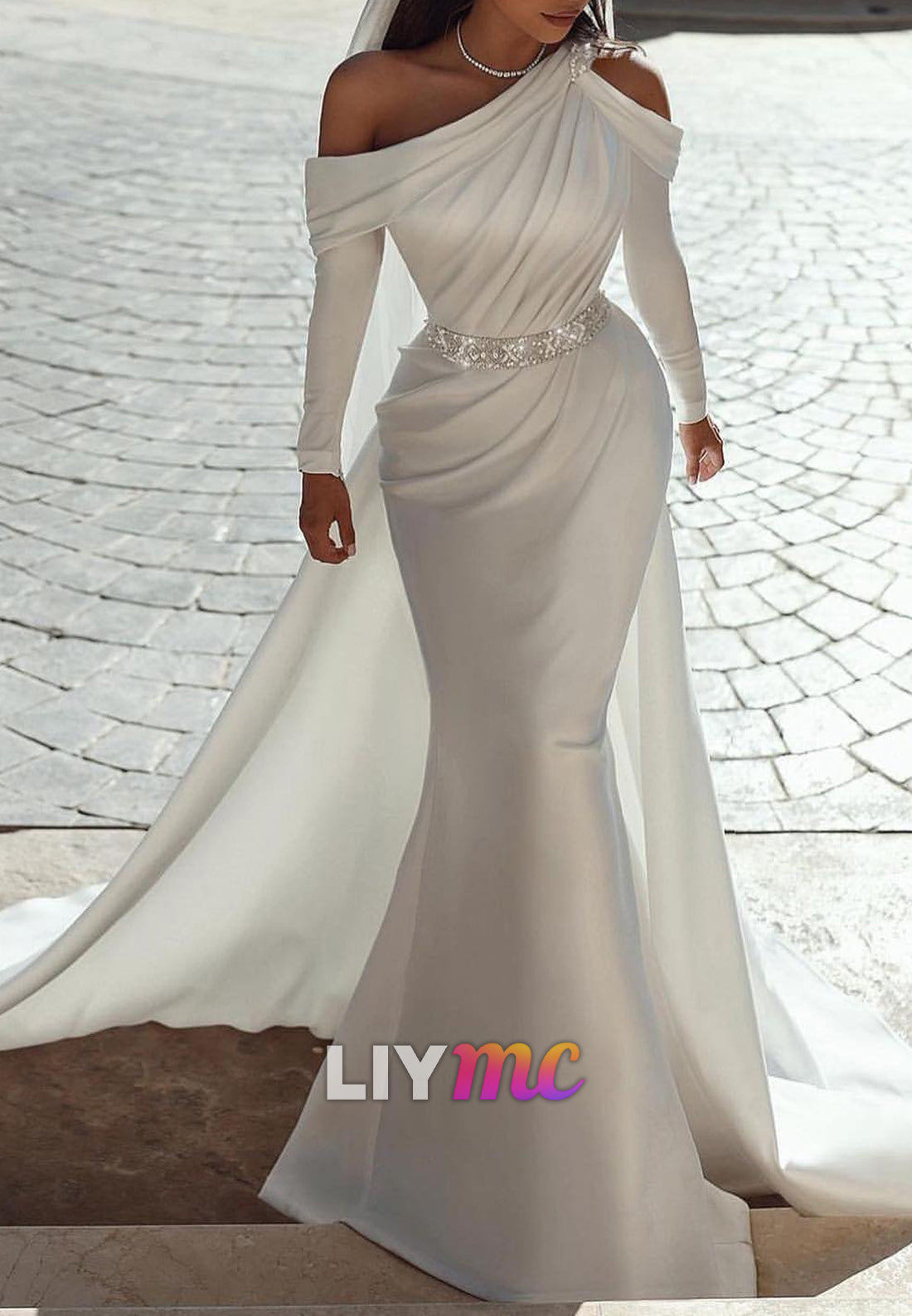 Asymmetrical Long Sleeves Pleated Mermaid Wedding Dress