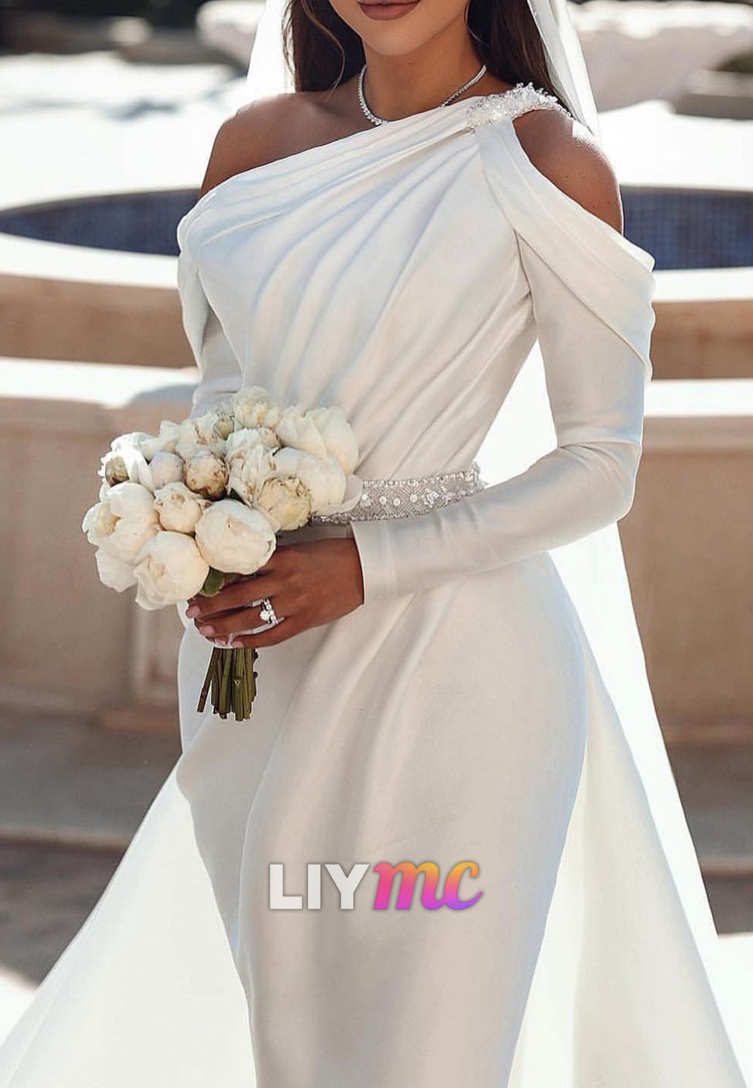 Asymmetrical Long Sleeves Pleated Mermaid Wedding Dress