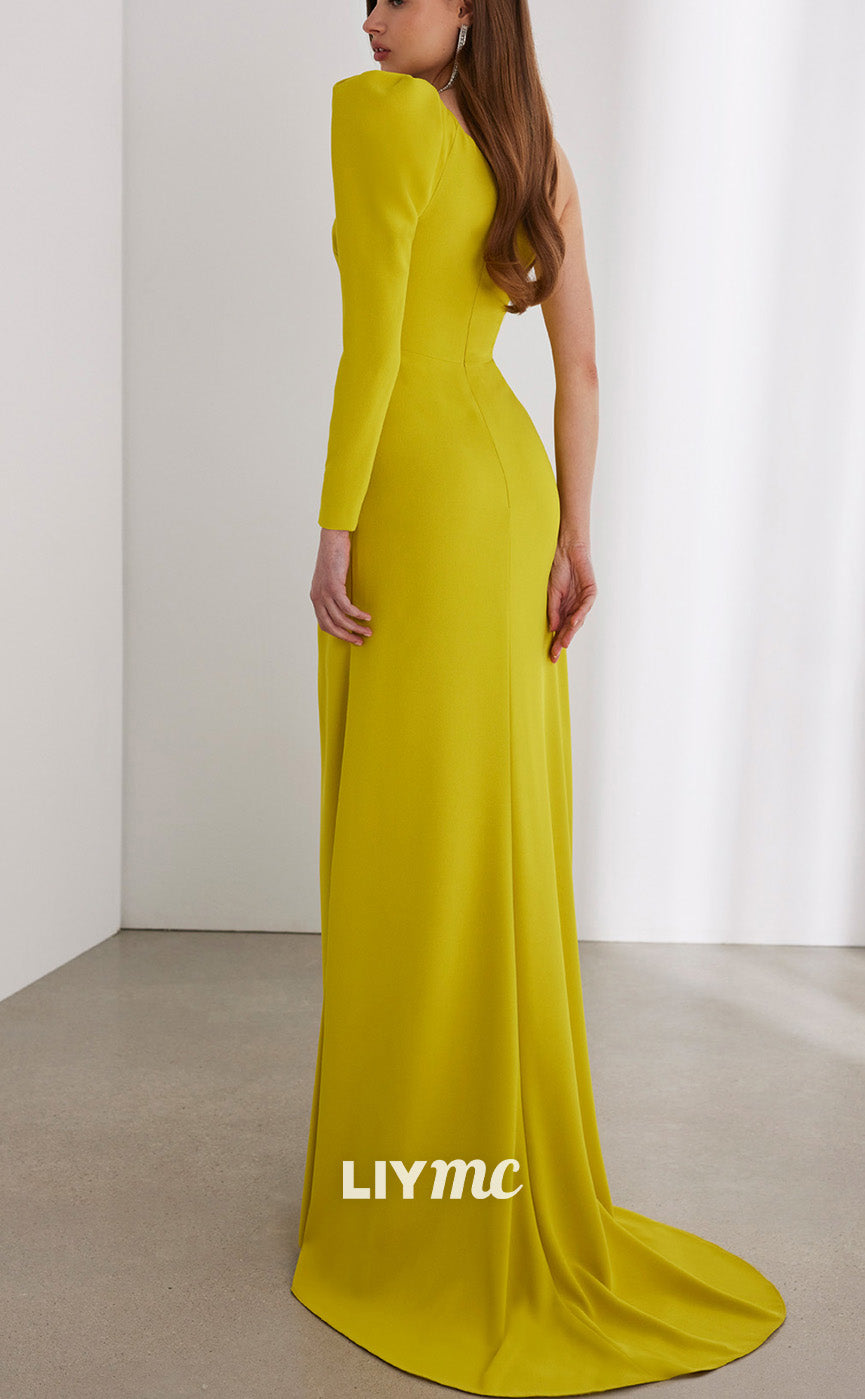 M1264 - Asymmetrical Long Sleeves Ruched Pleated High Slit Sleek Mother of Bride Dress Cocktail Dress