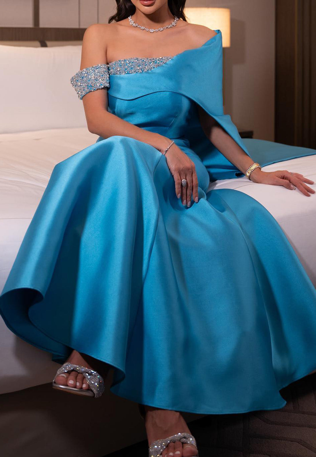 Asymmetrical Long Sleeves Sleek Beaded Mermaid Evening Dress