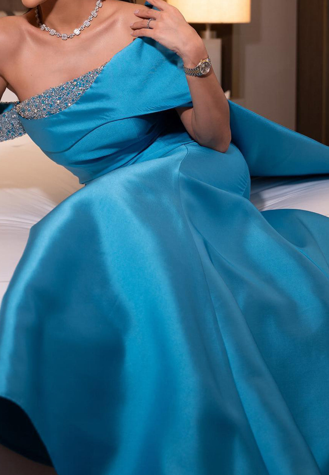 Asymmetrical Long Sleeves Sleek Beaded Mermaid Evening Dress