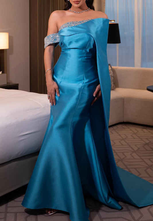 Asymmetrical Long Sleeves Sleek Beaded Mermaid Evening Dress