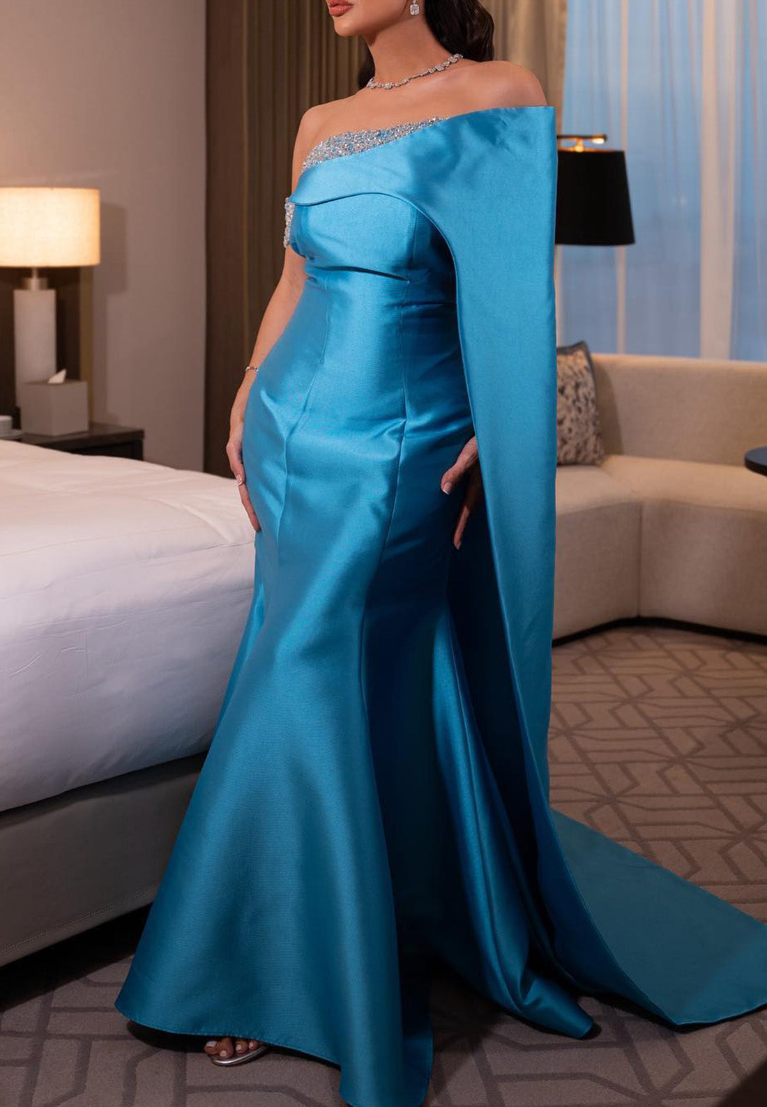 Asymmetrical Long Sleeves Sleek Beaded Mermaid Evening Dress