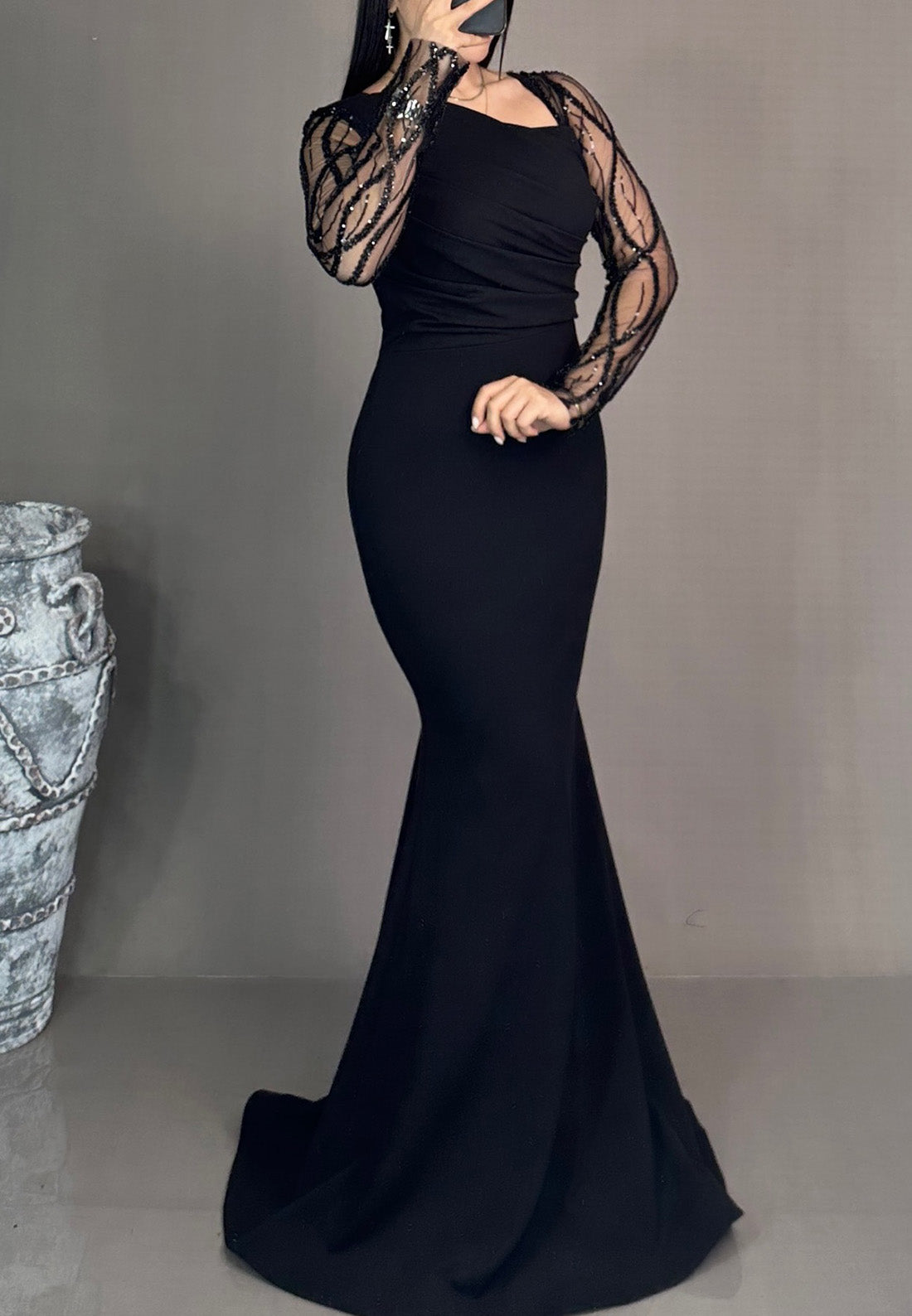 Asymmetrical Long Sleeves Sleek Mermaid Mother of Bride Dress