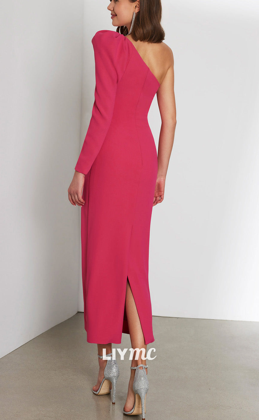 M1267 - Asymmetrical Long Sleeves Sleek Satin Floral Embellished Mother of Bride Dress Cocktail Dress