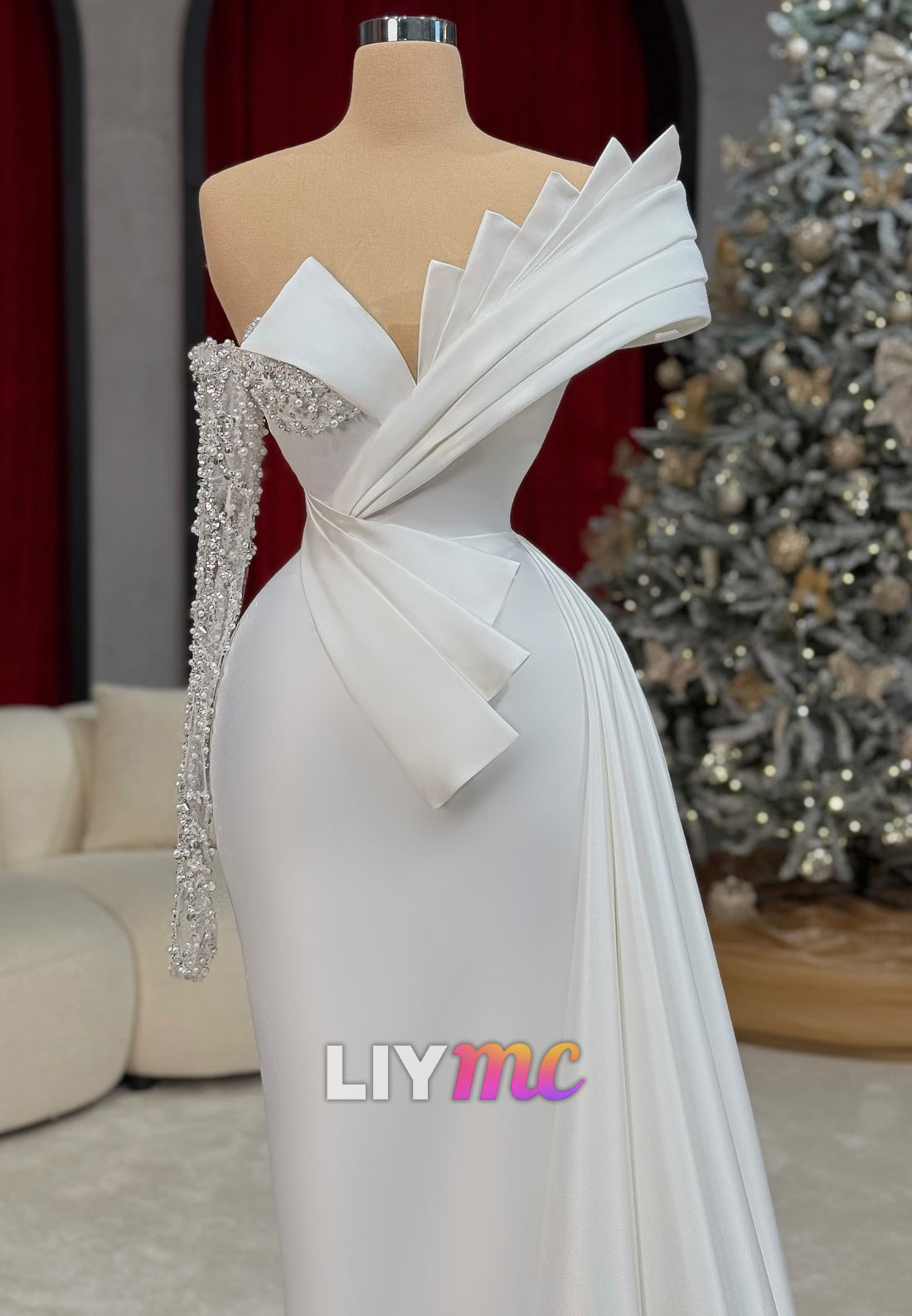Asymmetrical Pleated Sleek Sheath Wedding Dress