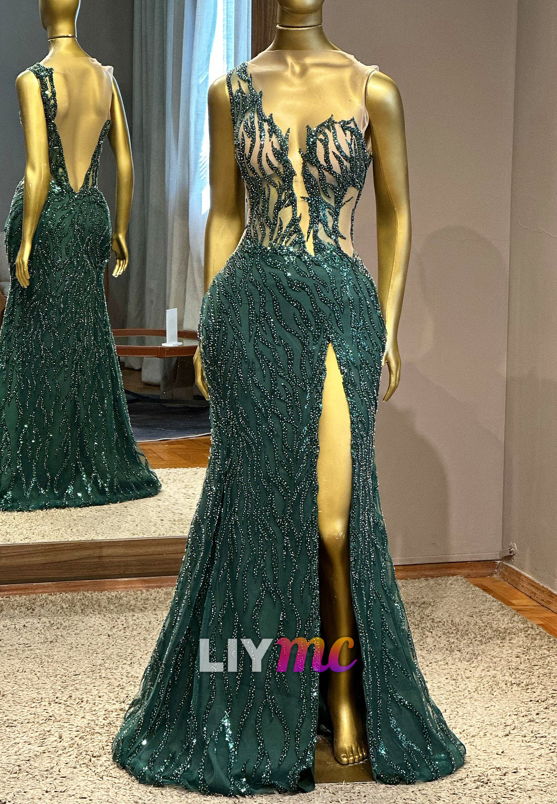 Asymmetrical Sequins Sheer Sleeveless Sheath Prom Dress