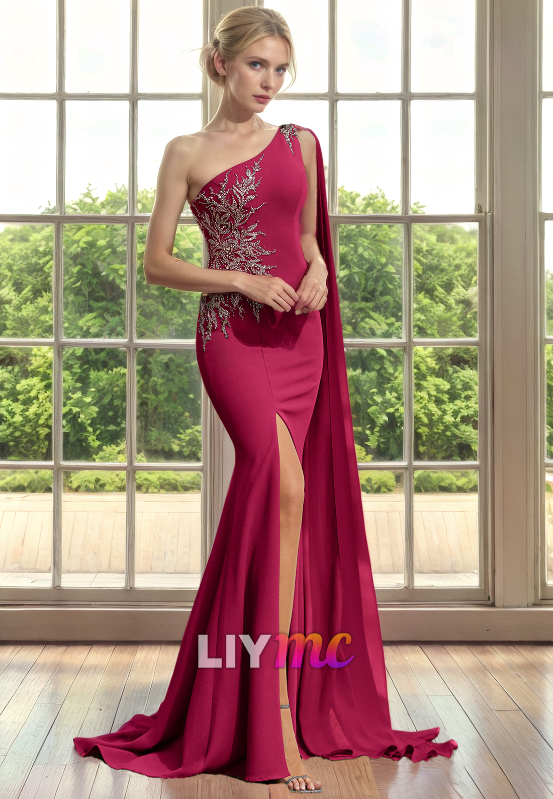 M1311 - Asymmetrical Sleeveless Appliques High Slit Sleek Satin Mother of Bride Dress Cocktail Dress
