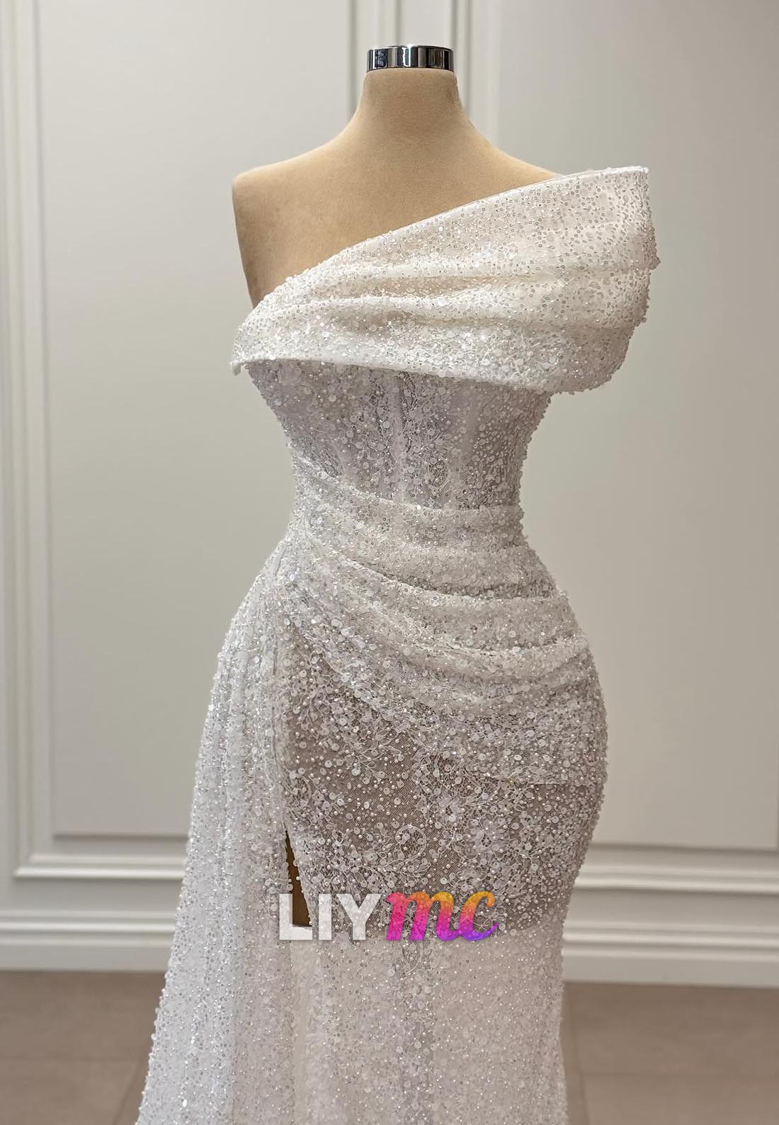 Asymmetrical Sleeveless Beaded Embroidery Sheath Wedding Dress