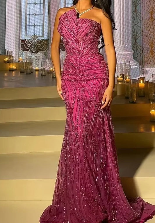 Asymmetrical Sleeveless Beaded Embroidery Sparkly Mermaid Prom Dress