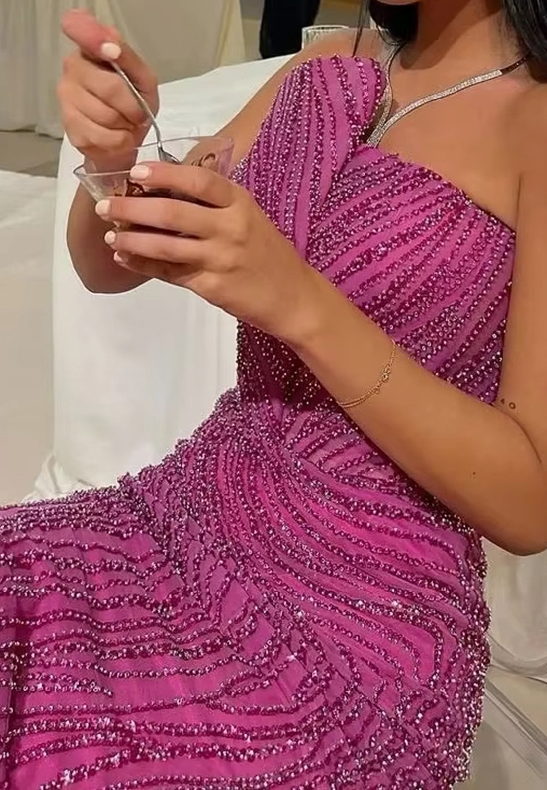 Asymmetrical Sleeveless Beaded Embroidery Sparkly Mermaid Prom Dress