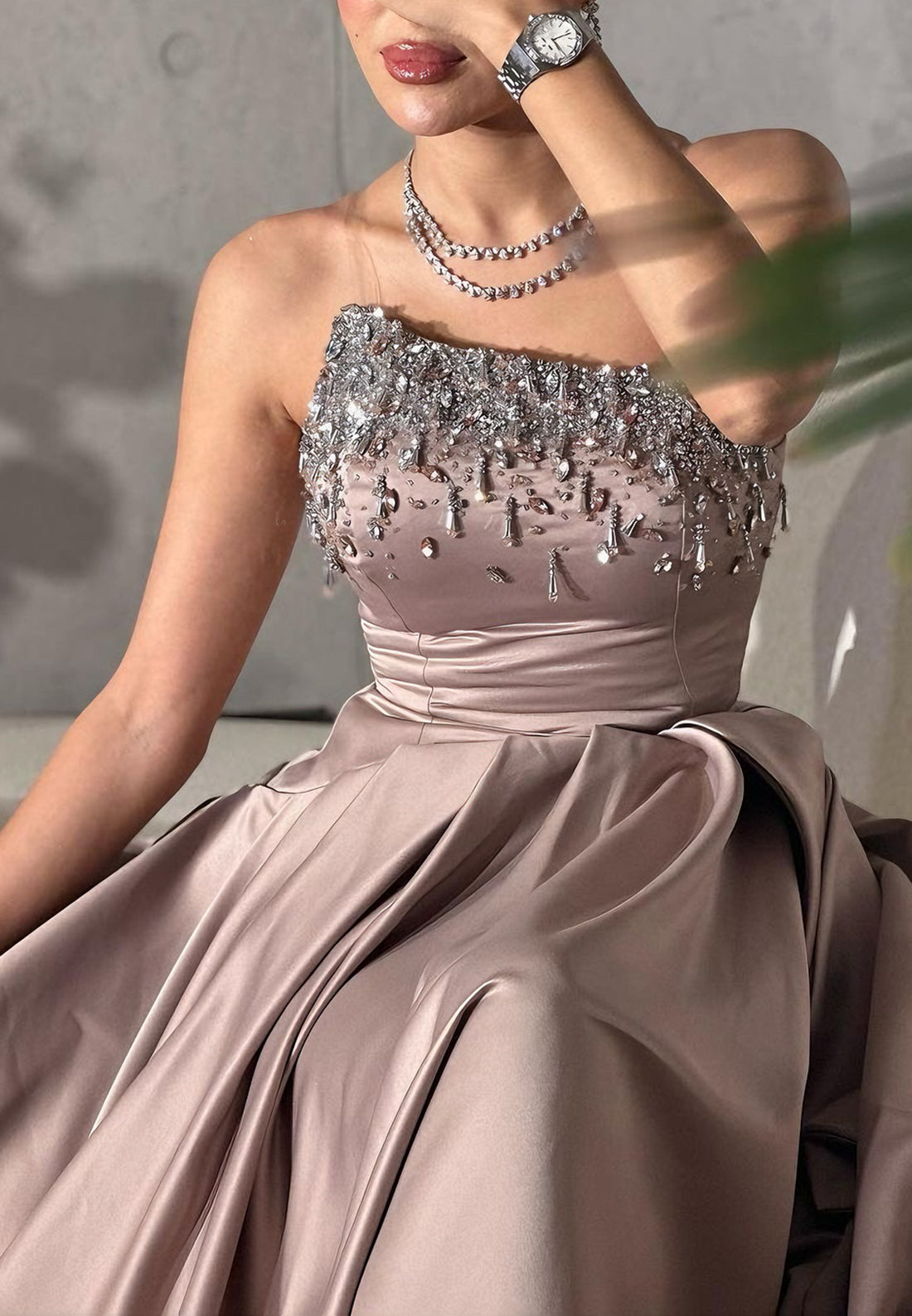 Asymmetrical Sleeveless Beaded Formal Dress Pleated A-Line Evening Dress