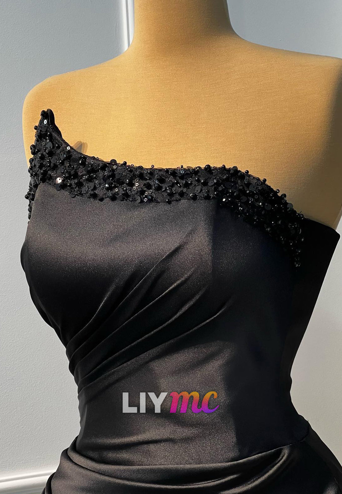 Asymmetrical Sleeveless Beaded Mermaid Satin Evening Dress