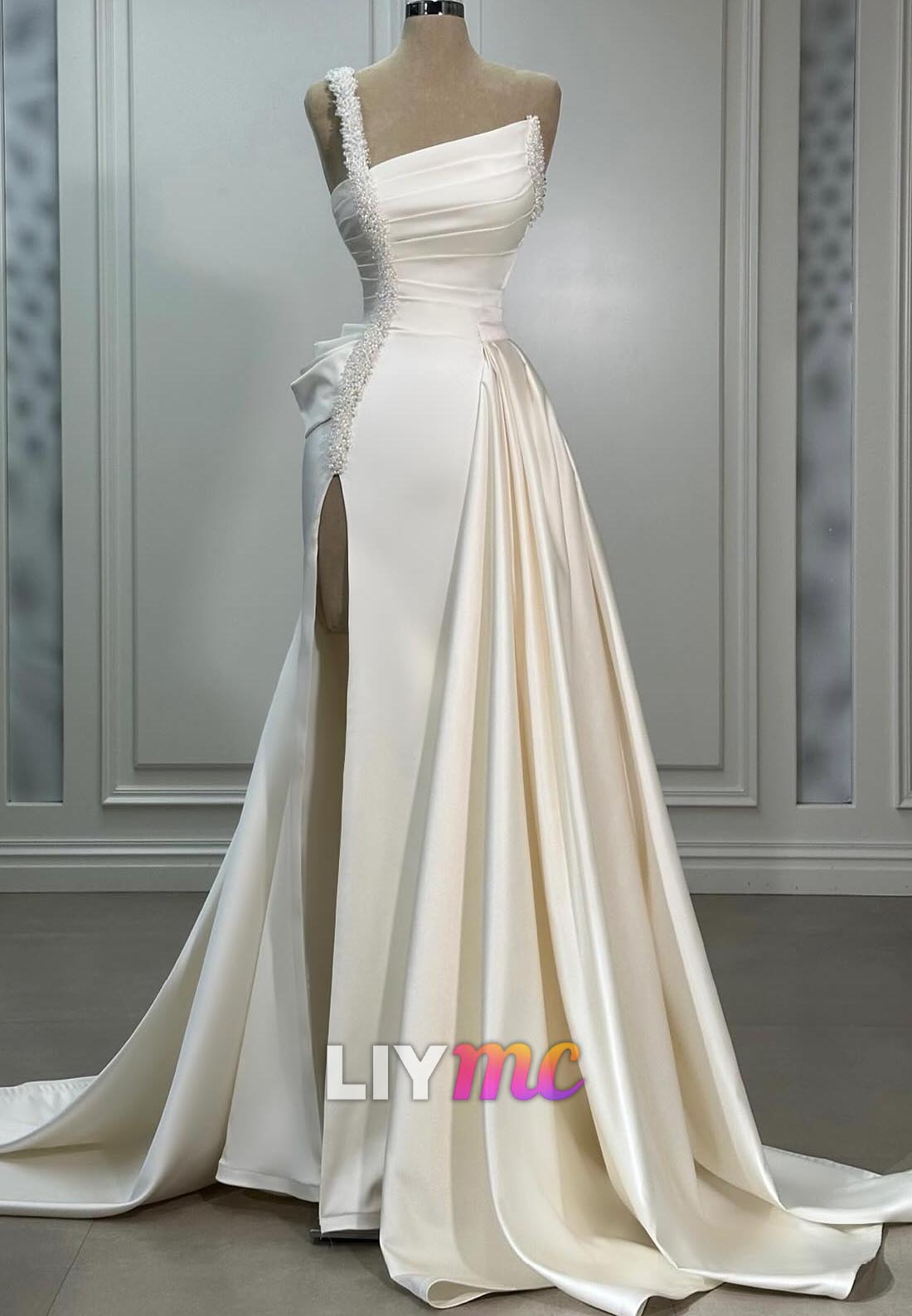 Asymmetrical Sleeveless Beaded Pleated Sheath Wedding Dress
