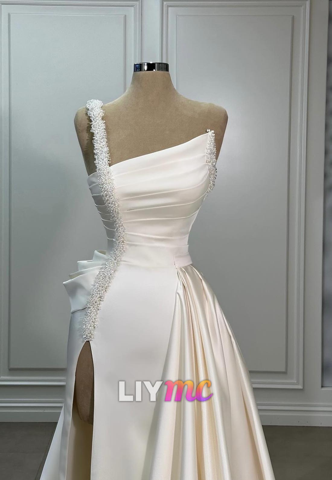 Asymmetrical Sleeveless Beaded Pleated Sheath Wedding Dress