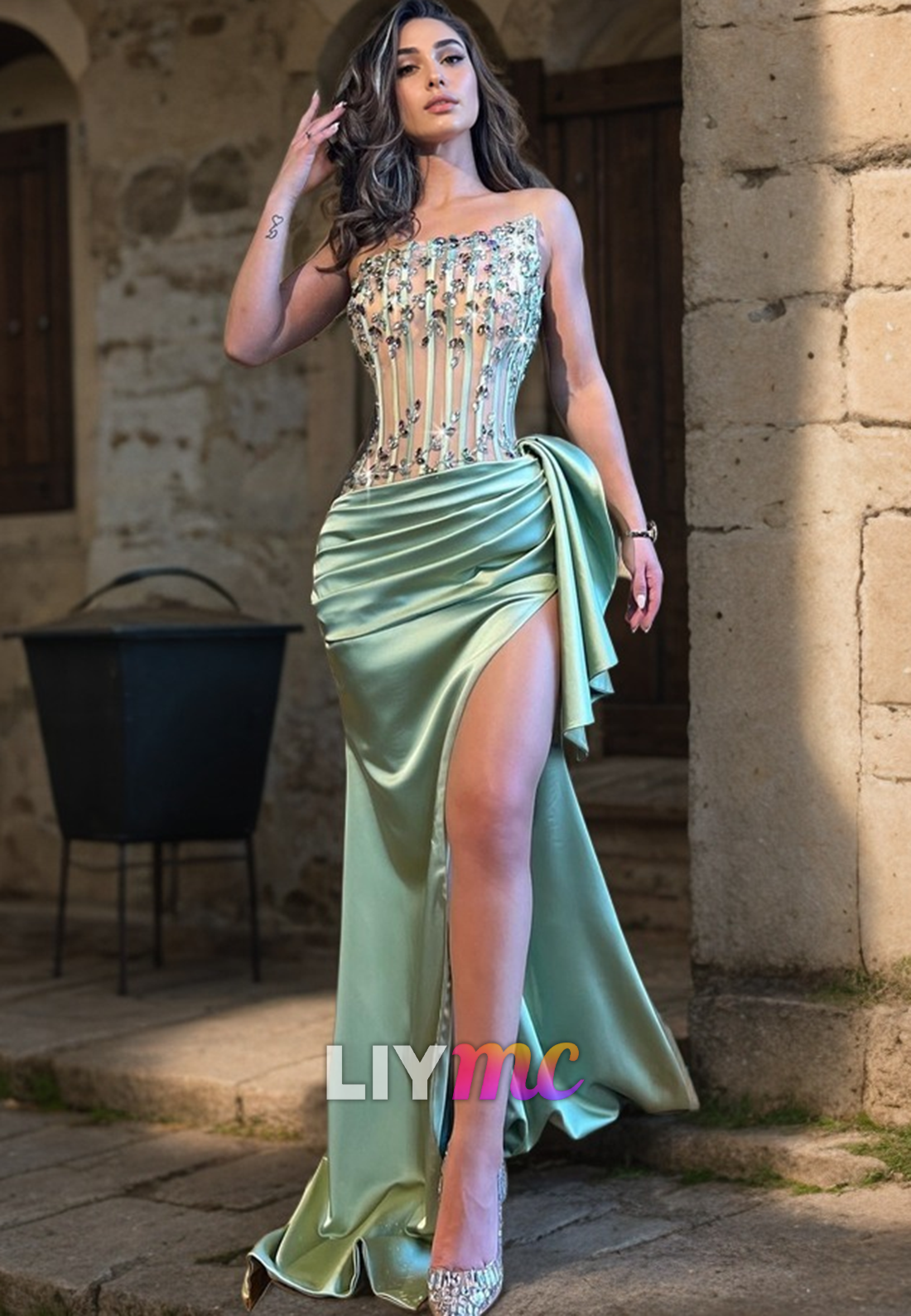 LP2311 - Asymmetrical Sleeveless Beaded Ruched High Slit Prom Dress Liymc LP2311 - Asymmetrical Sleeveless Beaded Ruched High Slit Prom Dress Liymc