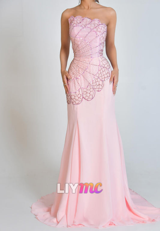 Asymmetrical Sleeveless Beaded Sheath Pink Prom Dress