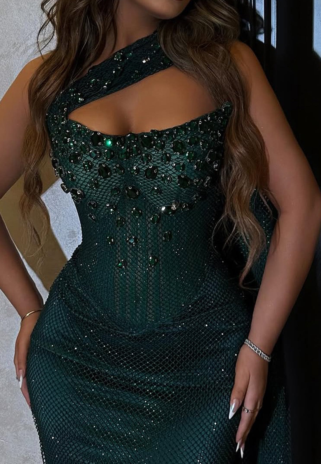 Asymmetrical Sleeveless Beaded Sparkly Mermaid Prom Dress