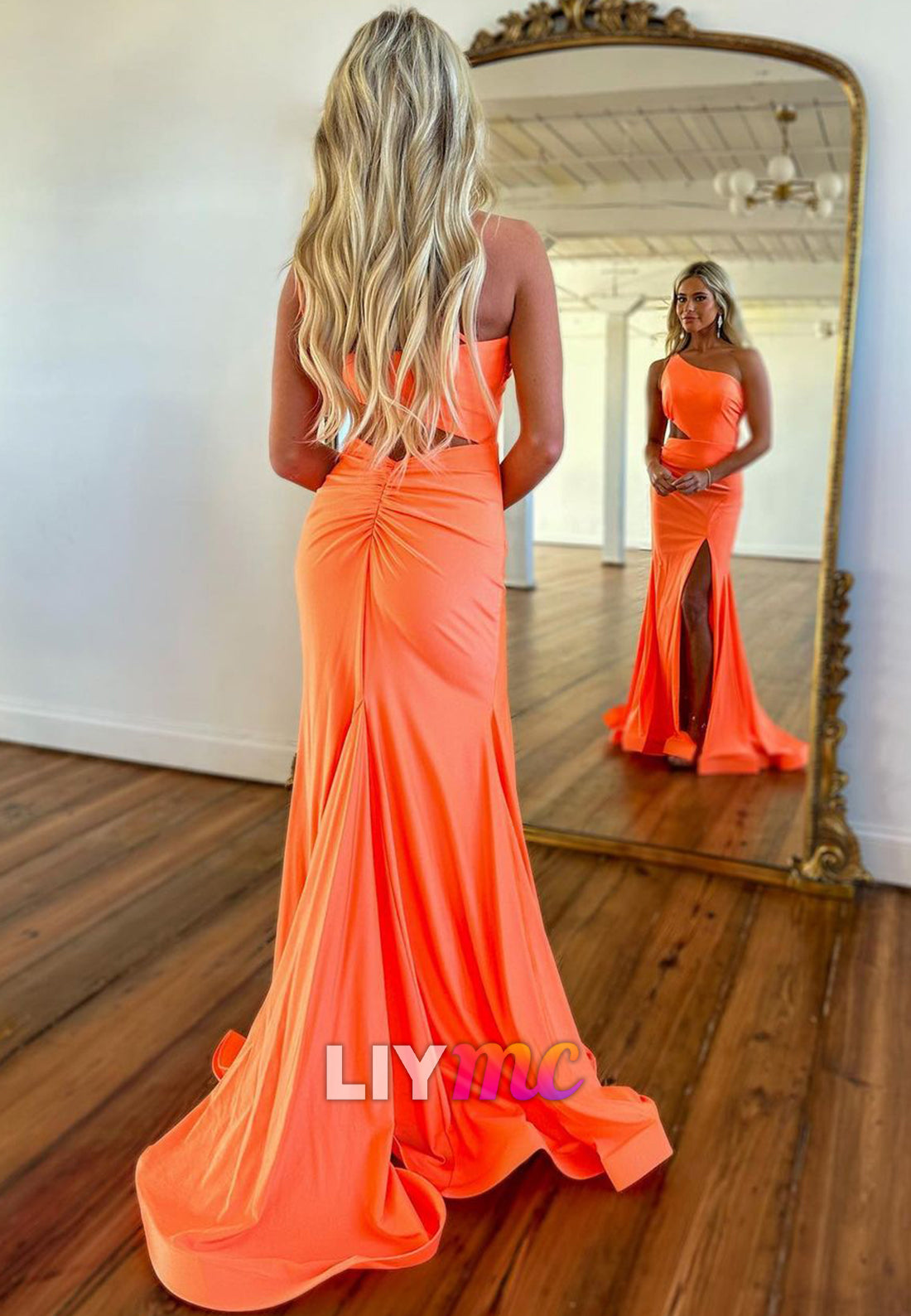 LP2308 - Asymmetrical Sleeveless Cut Outs Sleek Satin Prom Dress
