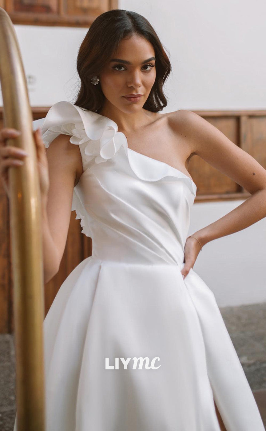 LW771 - Asymmetrical Sleeveless Floral Embellished Lace-Up Satin A-Line Wedding Dress