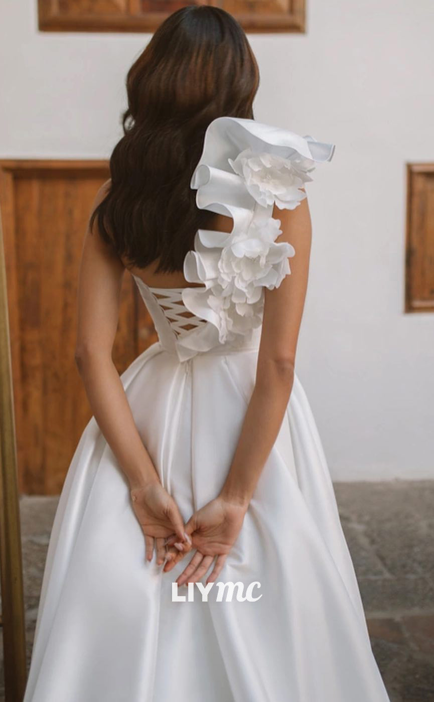 LW771 - Asymmetrical Sleeveless Floral Embellished Lace-Up Satin A-Line Wedding Dress
