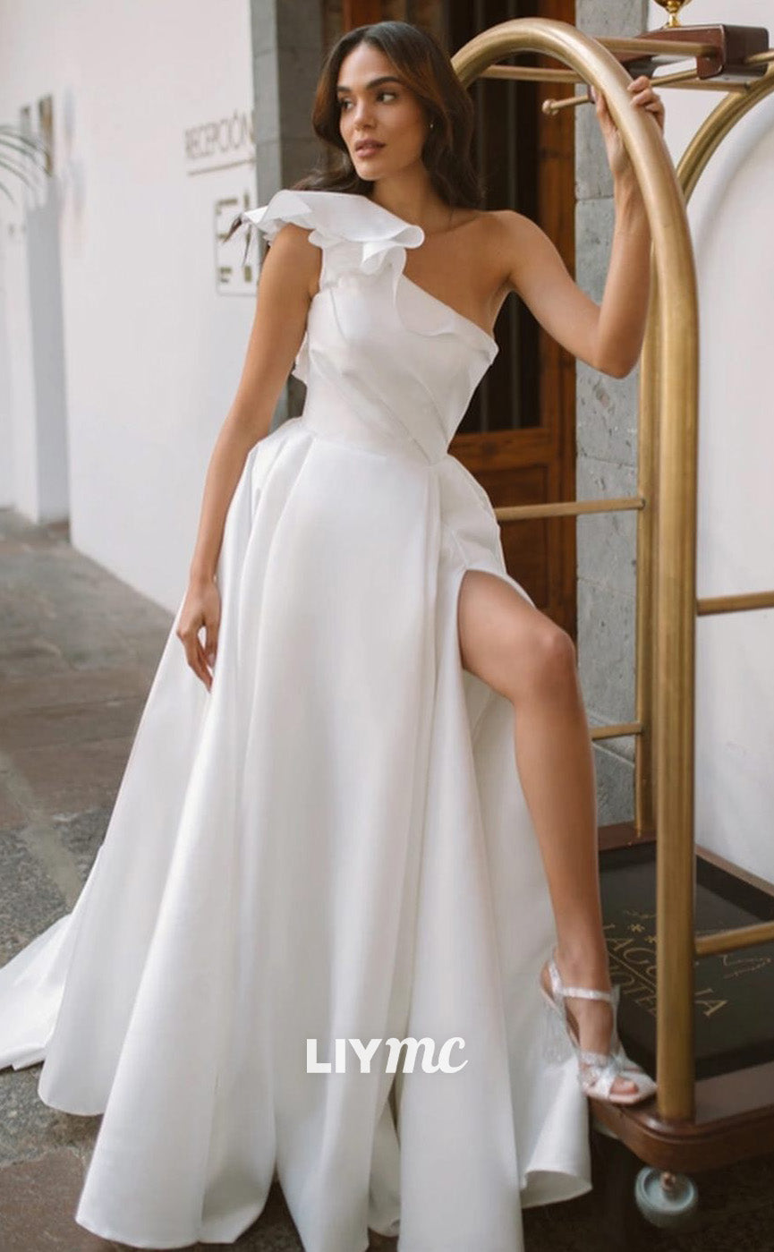 LW771 - Asymmetrical Sleeveless Floral Embellished Lace-Up Satin A-Lin Liymc LW771 - Asymmetrical Sleeveless Floral Embellished Lace-Up Satin A-Lin Liymc
