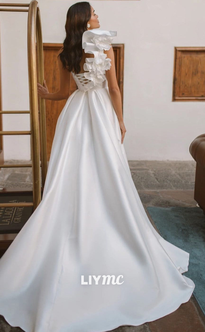 LW771 - Asymmetrical Sleeveless Floral Embellished Lace-Up Satin A-Line Wedding Dress