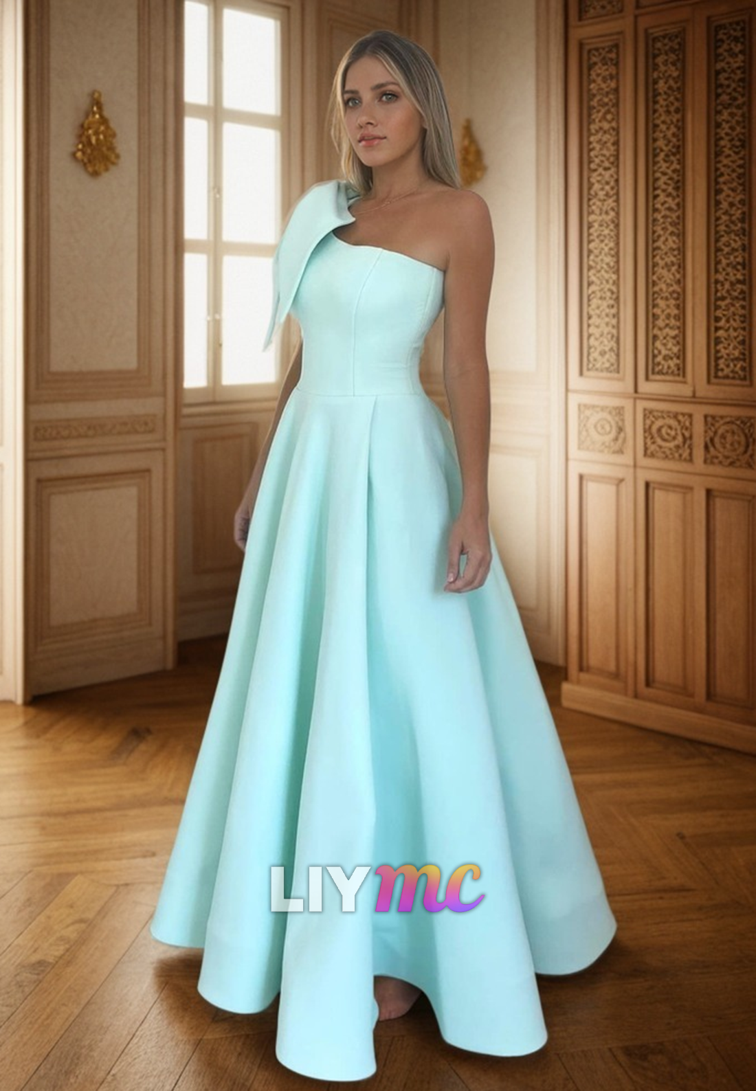 LP2292 - Asymmetrical Sleeveless Pleated A-Line Sleek Satin Prom Dress