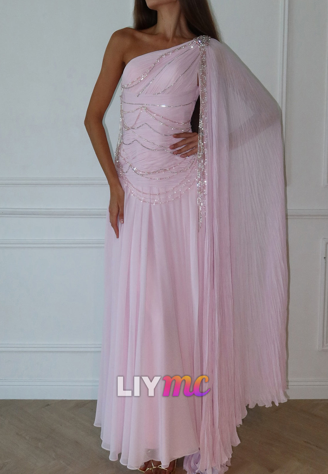 Asymmetrical Sleeveless Pleated Beaded Fringe A-Line Prom Dress