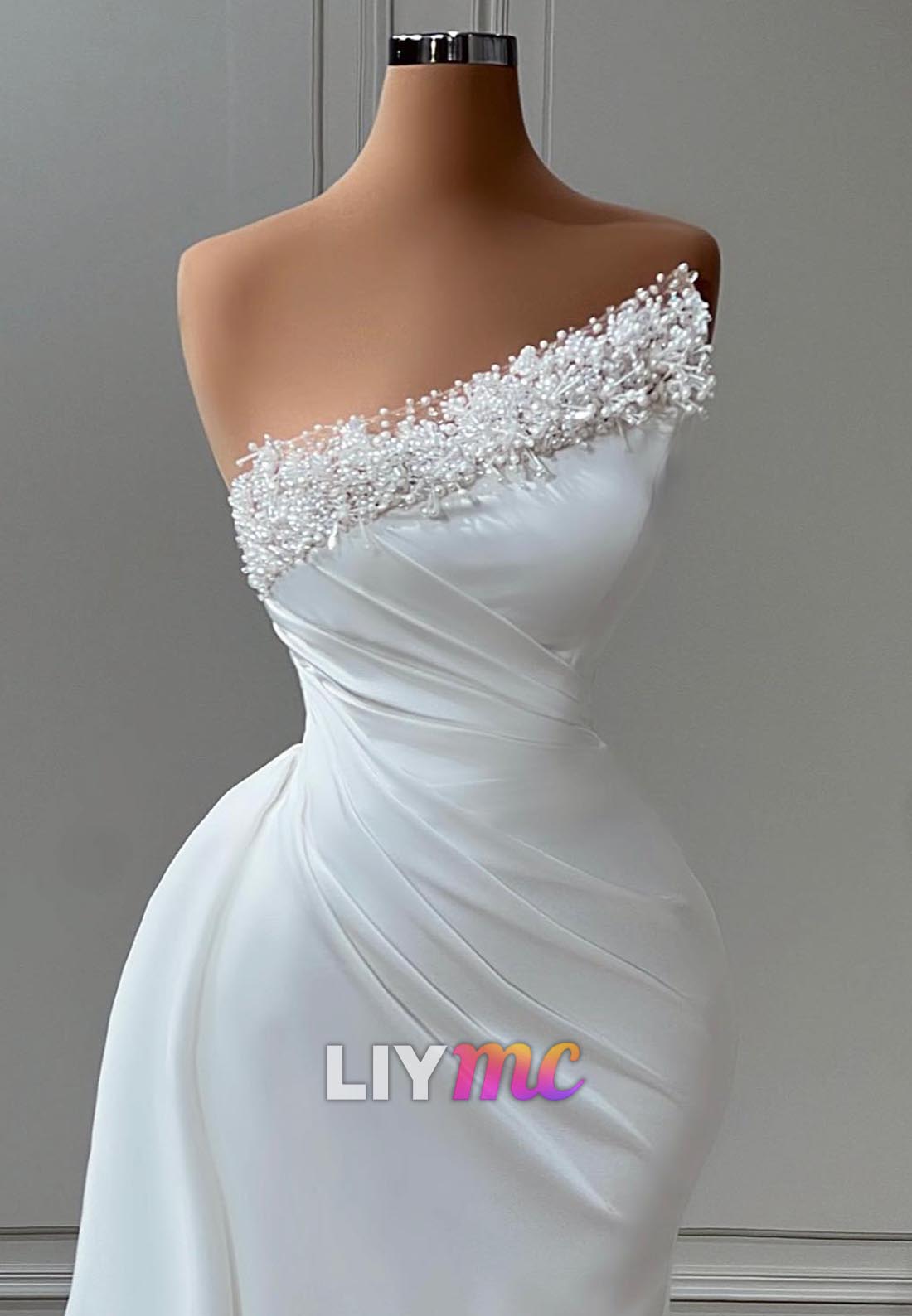 Asymmetrical Sleeveless Pleated Pearl Mermaid Wedding Dress