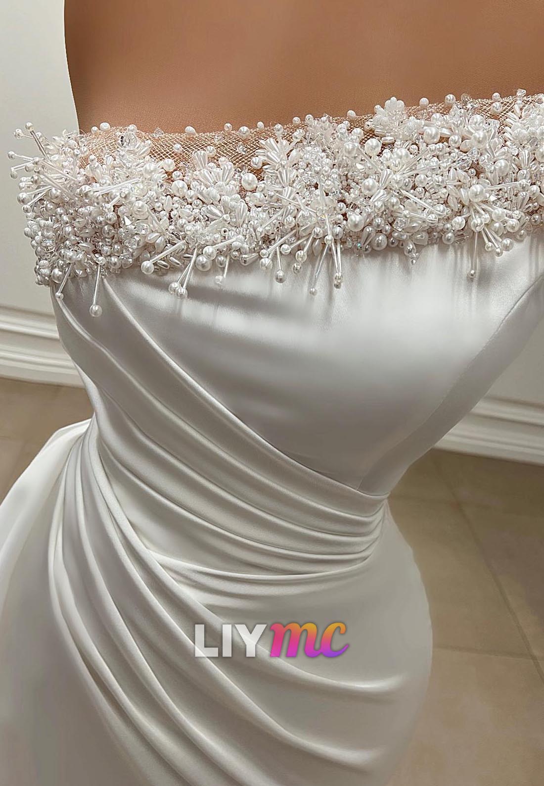 Asymmetrical Sleeveless Pleated Pearl Mermaid Wedding Dress