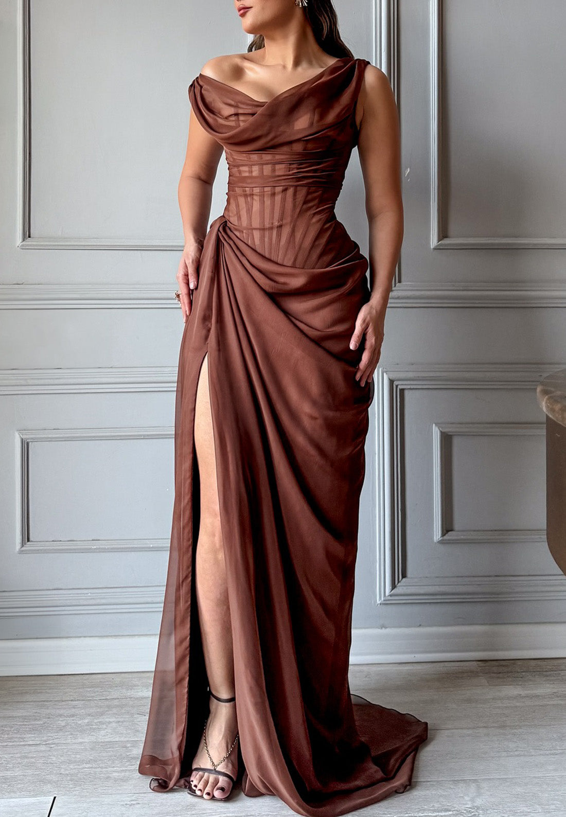 Asymmetrical Sleeveless Pleated Side Slit Sheath Evening Dress